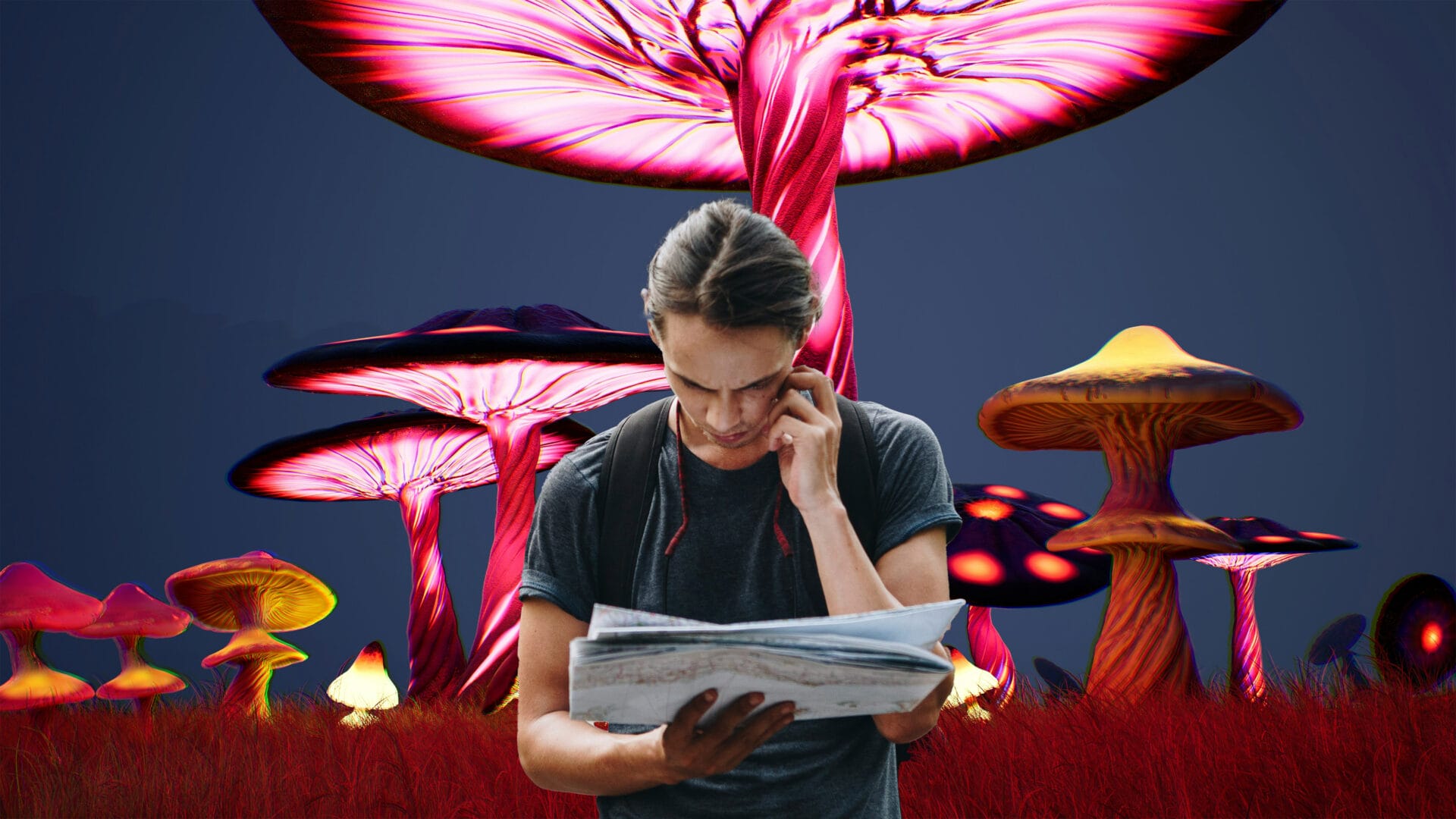 Man reading a map in front of surreal oversized mushrooms, symbolizing exploration and mental clarity.