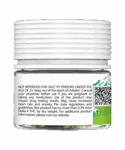 ingredients label on a sealed jar of Green Crack THCA flower buds from the Hemp Doctor