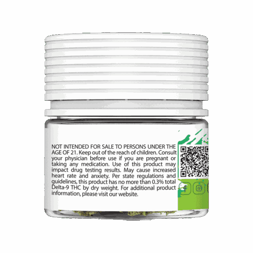 ingredients label on a sealed jar of Green Crack THCA flower buds from the Hemp Doctor