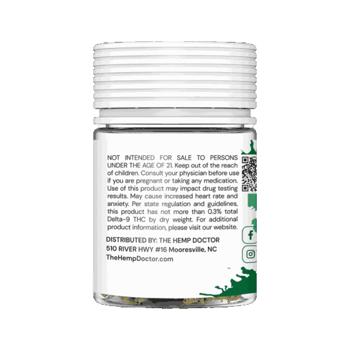 ingredients label on a sealed jar of Green Crack THCA flower buds from the Hemp Doctor