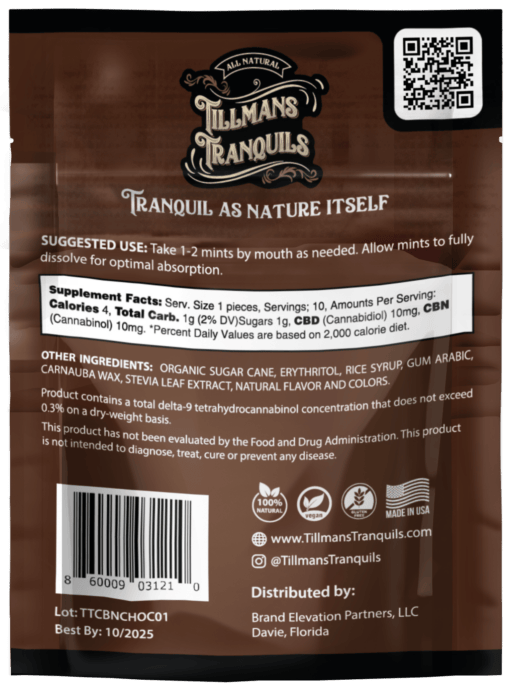 back of pack of tillmans CBD and CBD sleep mints, mint chocolate