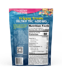 The Hemp Doctor Trippy Treats Delta-9 THC package back showing nutrition facts, ingredients, and warning labels