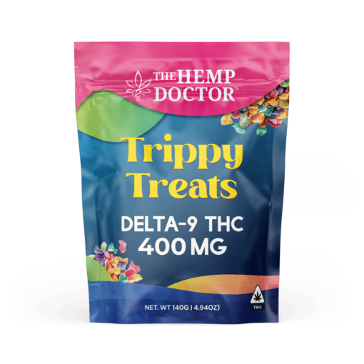 The Hemp Doctor Trippy Treats Delta-9 THC 400mg package front with colorful design and brand logo