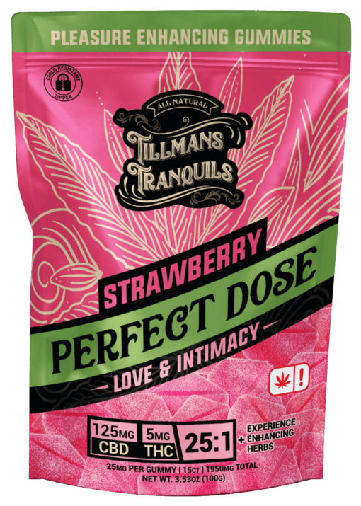 Strawberry CBD THC Love and Intimacy Gummies by Tillmans Tranquils - 25:1 ratio with Proprietary Love Blend, 125mg CBD, 5mg THC