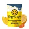 Bright yellow package of Citrus Sunrise Microdosed Mushroom Gummies with Happy Caps logo, orange slices, and gummy cubes displayed