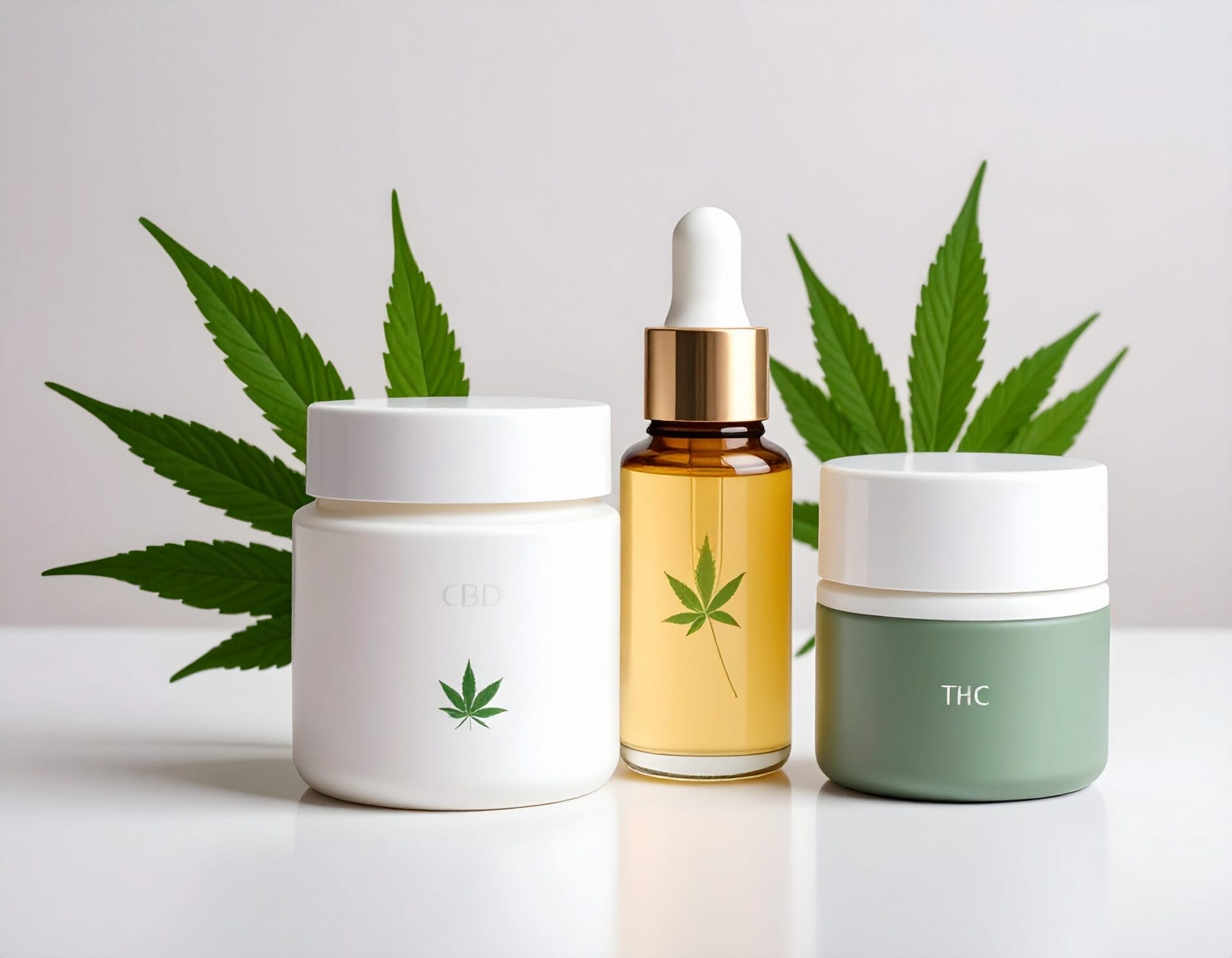 CBD vs. THC jars and hemp leaves