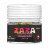Container of ZAZA Hawaiian Snow THCA flower, a premium organic sativa strain with 28.15% THCA content, displayed with quality certification badges.